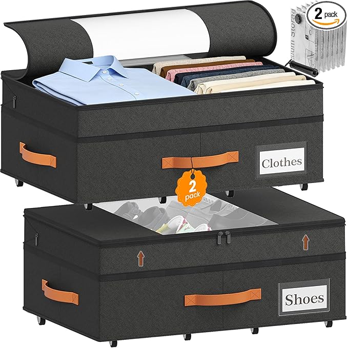 2-Pack Under Bed Storage with Wheels and 6 Vacuum Seal Bags, Adjustable Height 7.9"-10.2",Heavy Duty Capacity,Clear Lid Organ