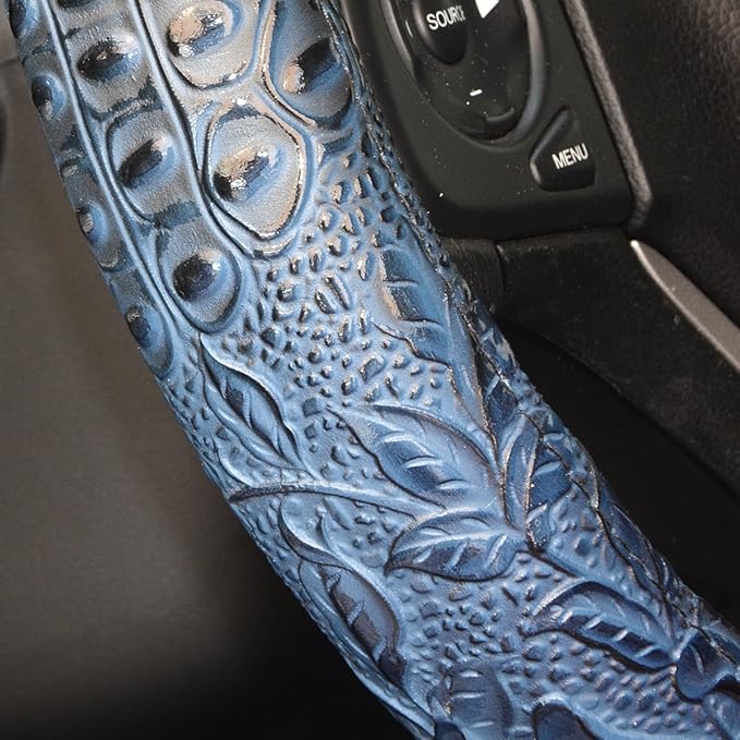 Car Steering Wheel Cover Universal 15 Inch Middle Size Auto Anti-Slip Leather Wheel Protector with Flower Grain Design Blue Style