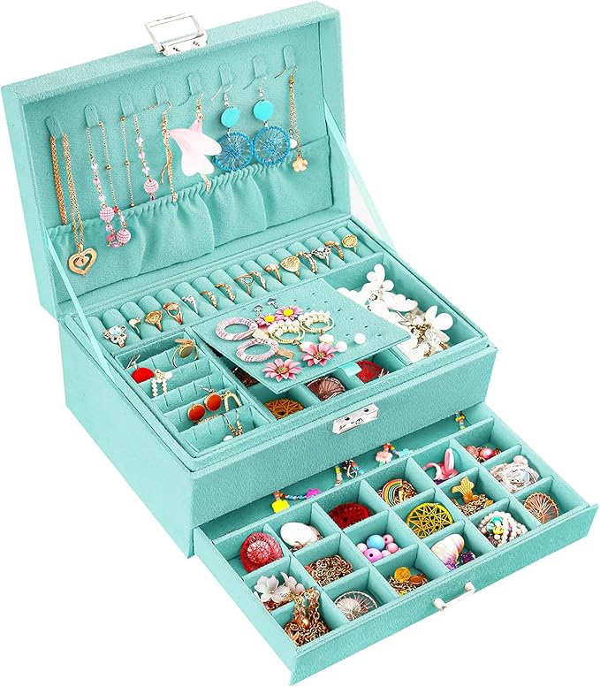 QBestry 3-Layer Jewelry Box for Girls & Teens with Lock and Key, Large Jewelry Organizer with 8 Necklace Hooks & 56 Earring H