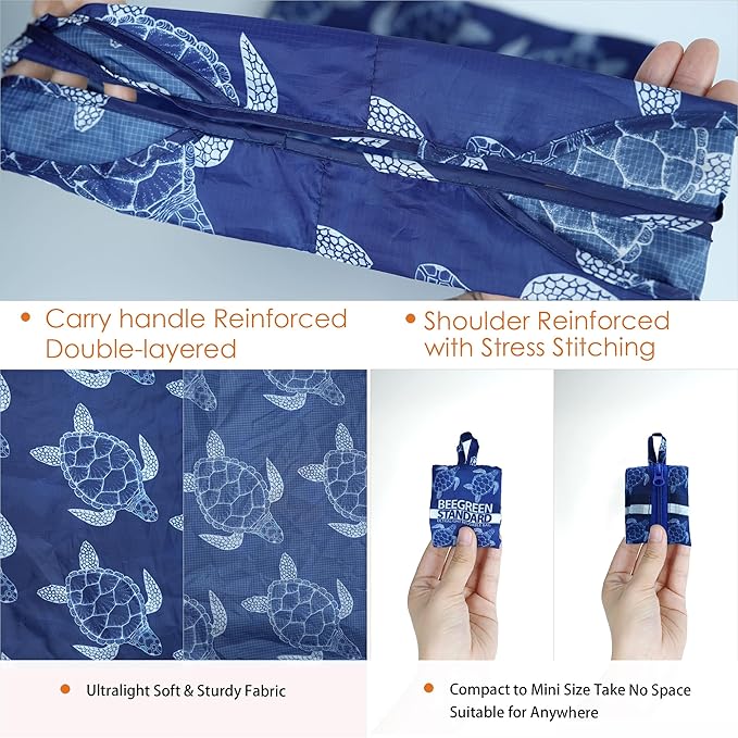 BeeGreen Reusable Grocery Shopping Bag -Travel Tote Bag - Foldable Compact Sturdy Bags