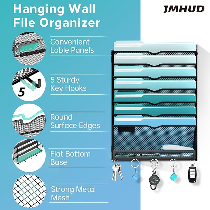 8-Tier Hanging Wall File Organizer with 5 Hooks, Mesh Wall File Holder Vertical Mount Mail Organizer for Papers, Folders, Mag