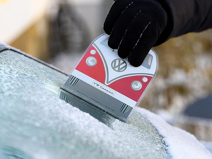 BRISA VW Collection - Volkswagen Polycarbonate Ice Scraper Windshield Scraper Snow Remover Winter Car Accessory in T1 Bus Campervan Design (Front/Red)