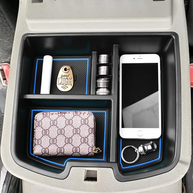Center Console Organizer Compatible with 2007-2014 Chevy Silverado GMC Sierra Avalanche Tahoe Suburban Yukon Yukon XL Accessories, Floor Mounted Center Console ONLY,Blue Trim