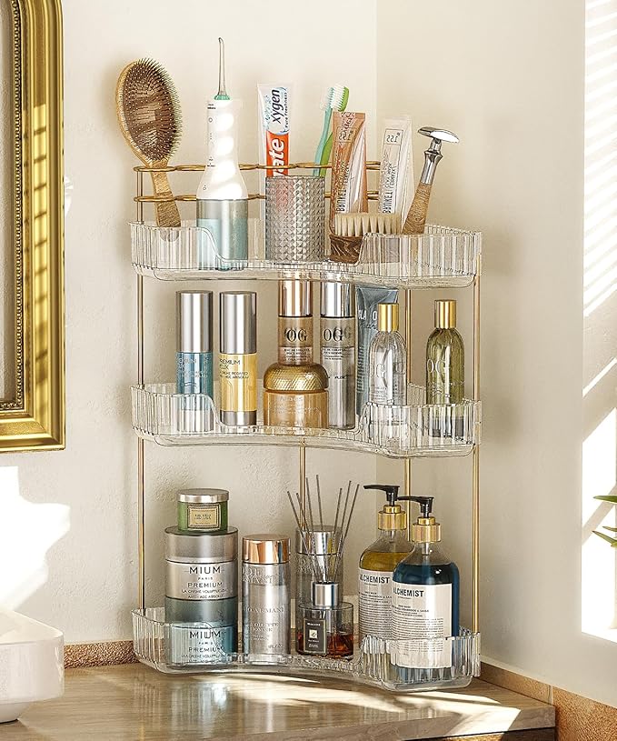 EUHOME 3-Tier Corner Bathroom Counter Organizer Makeup Cosmetic Storage, Tool-Free Installation Acrylic Vanity Shelf, Counter