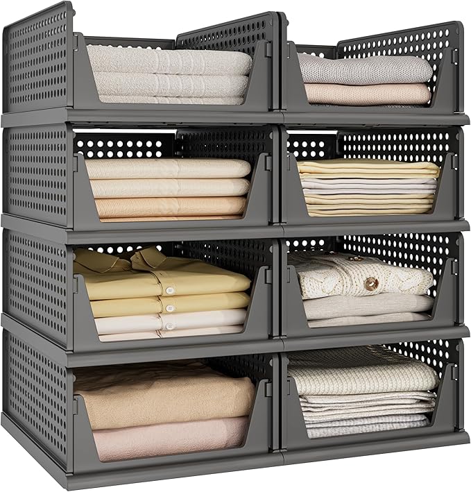 Pinkpum 8 Pack Closet Organizers and Storage Plastic Stackable Storage Bins, Foldable Drawer Shelf Storage Container for Ward