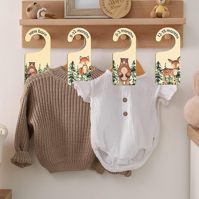 Whaline 8 Pcs Baby Closet Size Dividers Woodland Design Hanging Wooden Baby Closet Organizer Newborn to 24 Months Thicken Bab