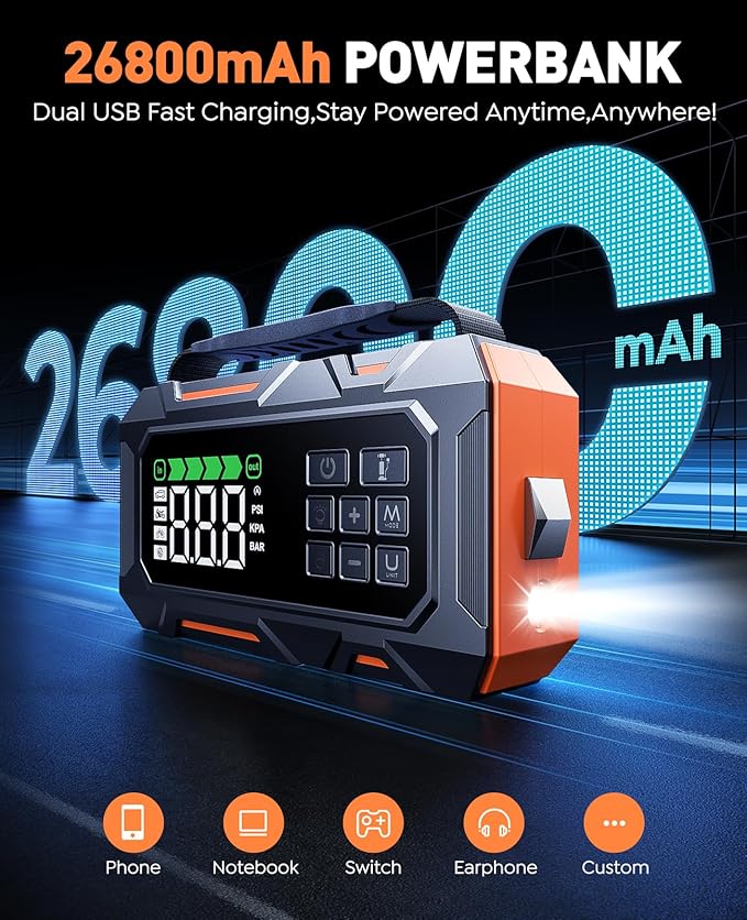 Portable Jump Starter with Air Compressor 8000A 160PSI, 16-in-1 Car Battery Jump Starter with Emergency Kit, Auto-Shutoff