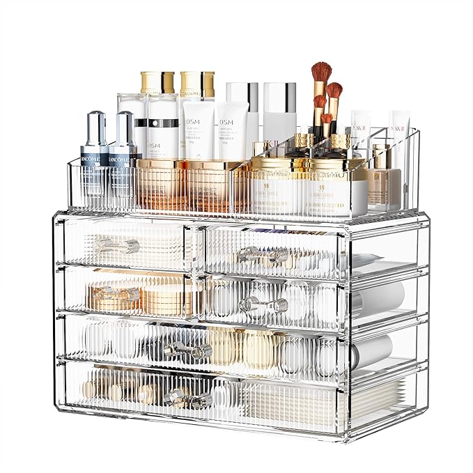 ZHIAI Stackable Storage Drawers, Acrylic Bathroom Counter Organizer Clear Makeup Organizers for Vanity, Kitchen Cabinets, Bat