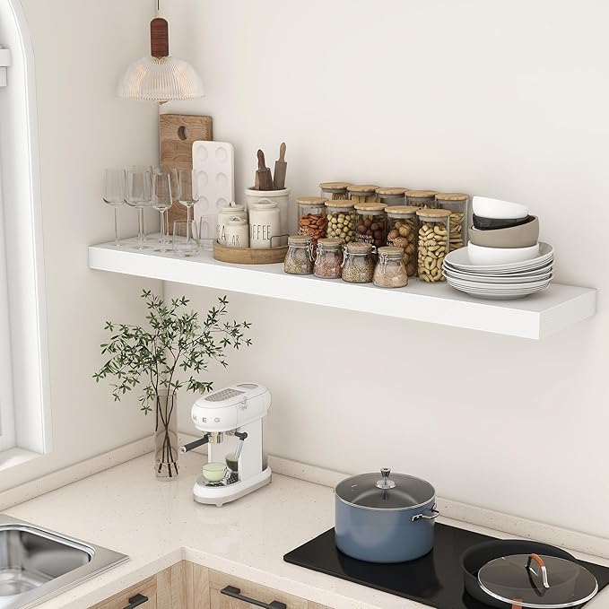 12 Inch Deep Floating Shelves | 55 Inch White Floating Shelves | 55" W x 12" D Rustic Wood Shelves for Wall | Deep White Shel