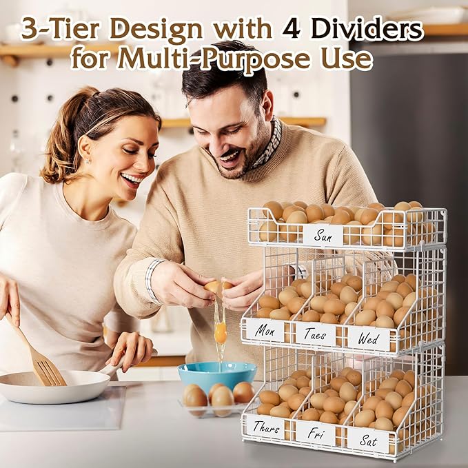 X-cosrack Egg Holder Countertop, 3 Tier Egg Rack with Labels Dividers to Separate Eggs, Stackable Wire Baskets for Fresh Egg,