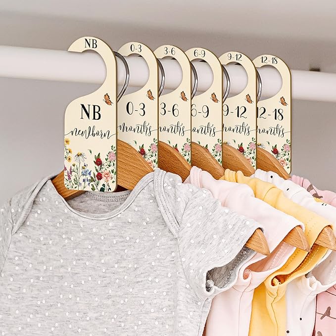 Whaline 8Pcs Vintage Wildflower Hanging Wood Baby Closet Size Dividers and Organizer - Newborn to 24 Months - Thicken Wardrob