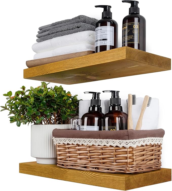 BGMG Wood Floating Shelves for Wall 16 inch Set of 2, Rustic Wooden Wall Mount Shelves for Living Room Bedroom Kitchen Farmho