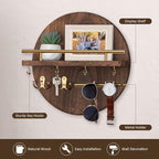 Nekon Key Holder Wall Mount, 11.8 Inch Rack With Shelf and 6 Hooks, Rustic Mail Organizer, Circular Wooden Hanger for Entrywa