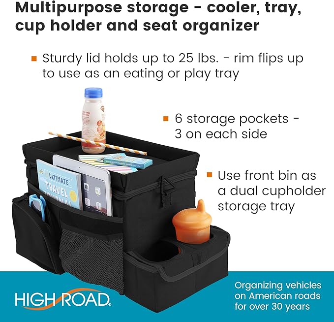 High Road CarHop Backseat Organizer for Kids and Passenger Seat Organizer for Adults - Car Seat Cooler with Cup Holders and Convertible Tray Lid