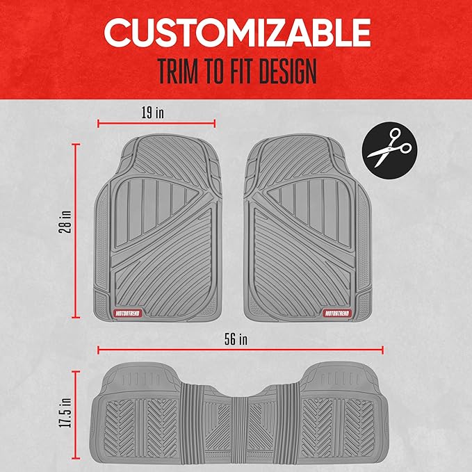 Motor Trend FlexTough Performance All Weather Rubber Car Floor Mats - 3 Piece Floor Mats Automotive Liners for Cars Truck SUV, Heavy-Duty Waterproof (Gray)