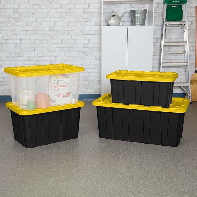 Sterilite 4-Pack Industrial Storage Box, Plastic Container Bins w/Lids, 27 Gallon, Yellow - Heavy-Duty Organizing Containers 