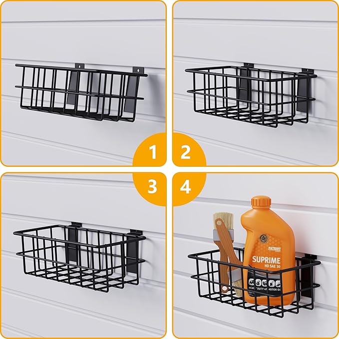 Heavy Duty Slatwall Baskets - 6 Pack Black Multi-Size Storage Organizer for Garage Workshop, Fits Standard Panels