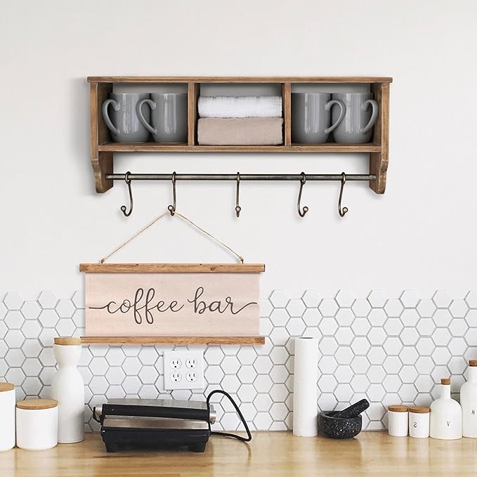 BizChair Wall Mounted Storage Rack - Rustic Brown Solid Pine Wood - 24 Inch - Upper Shelf - 5 Hooks - Wire Baskets - For Entr