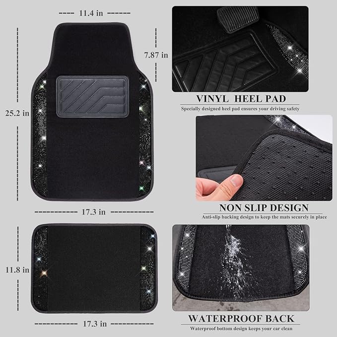 CAR PASS Bling Diamonds Car Seat Covers Front Seats Black Leather Shining Rhinestone Car Floor Mats Carpet with Anti-Slip Nib