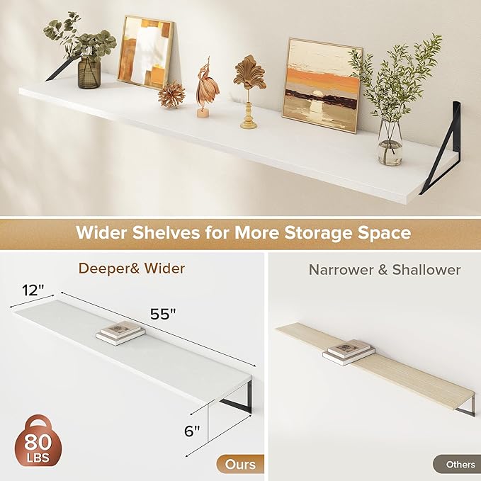 Deep Floating Shelves Wall Mounted, 55"x12" White Wall Shelves with Brackets Set of 2 for Bedroom, Living Room, Bathroom, Kit