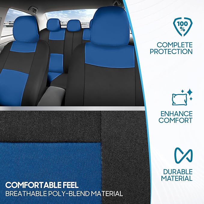 BDK PolyPro Car Seat Covers Full Set in Blue on Black – Front and Rear Split Bench Seat Covers for Cars, Easy to Install Car 