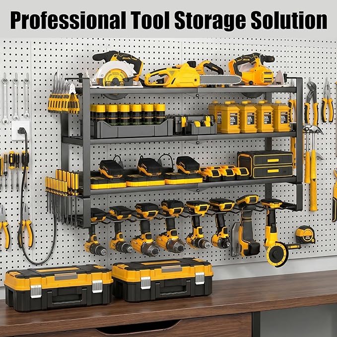 MOOMSINE Large Power Tool Organizer Wall Mount with Charging Station, 400lbs Metal Storage Rack with 8 Cordless Drill Holder,