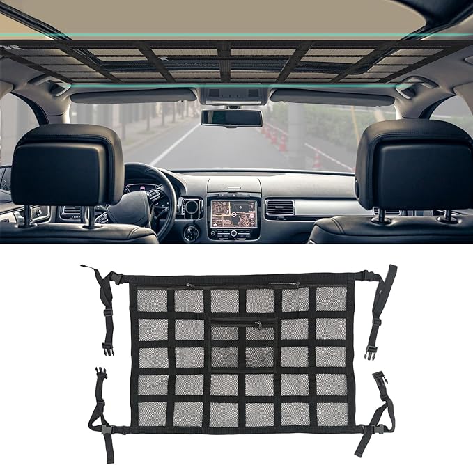 Car Ceiling Cargo Net Pocket, Car Mesh Organizer, 31.5"*21.6" Double-Layer Interior Roof Cargo Net, Universal Auto Accessory Adjustable Buckle Roof Storage for Truck SUV Travel Long Road Trip