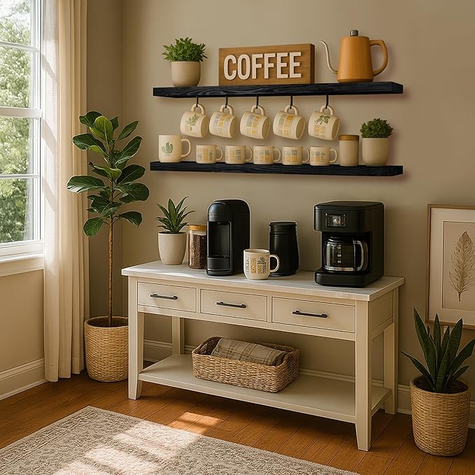 BGMG Wood Floating Shelves for Wall 54 inch Set of 2,Black Floating Shelves,Solid Wood Wall Mount Shelves for Bathroom Living