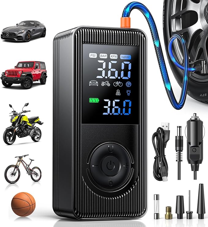 Tire Inflator Portable Air Compressor - 150 PSI 4X Fast Inflation Rechargeable Battery & 12V DC Adapter Powered Air Pump for Car Bike Motorcycle Tires Balls with LCD Display, LED Light