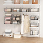 SWTYMIKI Hanging Closet Organizer Storage - 3 Tier Metal Stackable Hanging Closet Shelves with Dividers and S Hooks, Foldable