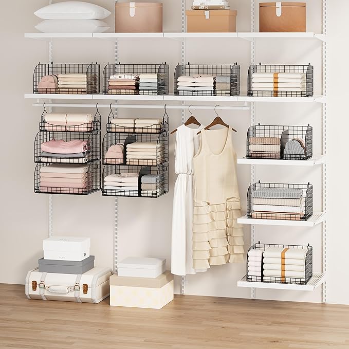 SWTYMIKI Hanging Closet Organizer Storage - 3 Tier Metal Stackable Hanging Closet Shelves with Dividers and S Hooks, Foldable
