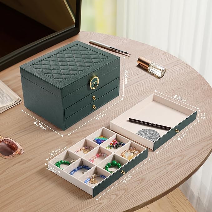coobest 3 Layer Jewelry Box, Jewelry Holder Organizer with 2 Drawer Tray, Large boxes for Women Velvet Earring Organizer, Loc