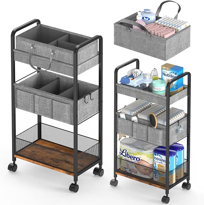 LIDTOP 2In1 Baby Diaper Caddy & 3-Tier Rolling Diaper Cart, Diaper Caddy Organizer Cart with Dividers, Mobile Metal Utility C