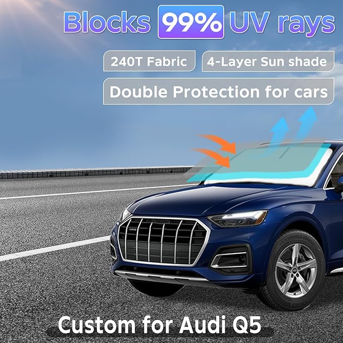 Sun Shade Sunshade for Audi Q5 2018-2024 2025 2026 Windshield Cover, 4-Layers Sun Shield for Q5 SQ5 Premium, Premium Plus, Prestige Crossover SUV Winter 250T Silver Coating Sun Visor Car Accessories
