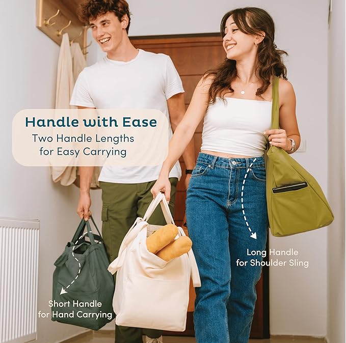 Nook Theory 3-Pack Reusable Grocery Bags - Heavy Duty, Large 12 Oz Cotton Canvas Reusable Shopping Bags With Pockets, 100% Cotton Cloth Grocery Totes, Foldable Multi Compartment (Army Green)