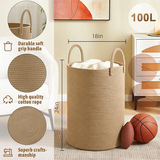 Artfeel Laundry Basket,Woven Cotton Rope Laundry Hamper,100L for Decorative Storage of Dirty Clothes,Toys and Blankets in Bat