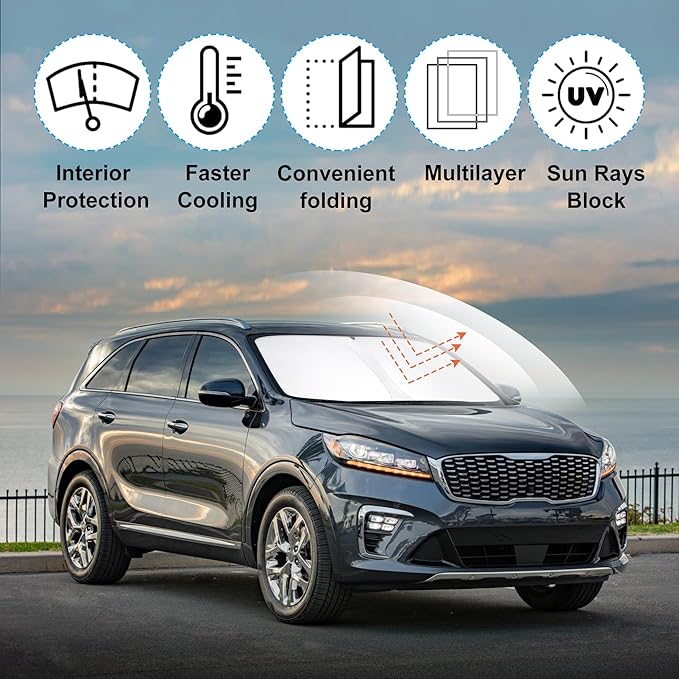 Front Windshield Sun Shade Foldable Car Front Window Sun Shade Windshield Shade Custom Fit for 2016-2020 Kia Sorento Block UV Rays Accessories Heat Keep Cooler
