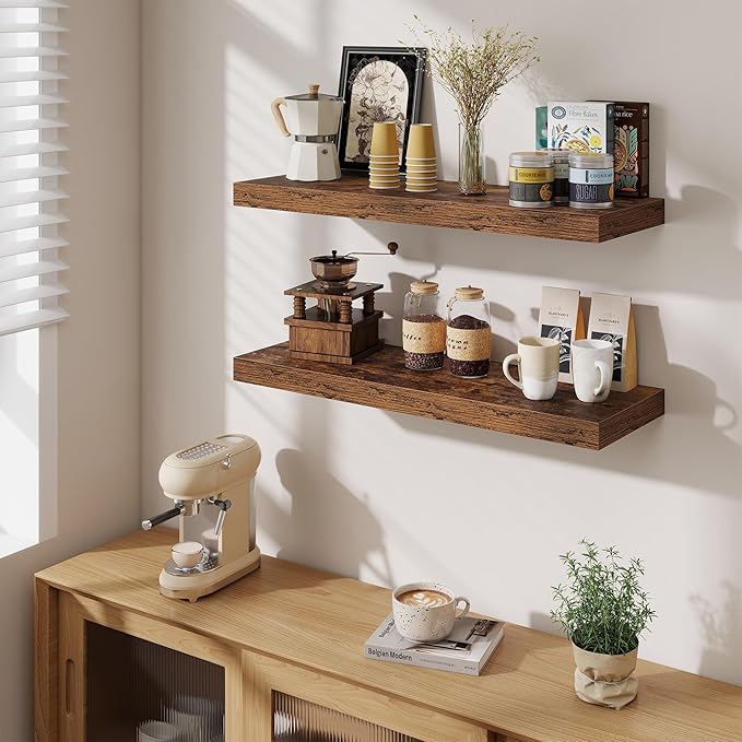 Fun Memories Floating Shelves for Wall, 32 Inch Long Floating Shelves Set of 2, 32 x 10 Wooden Shelves for Wall, Large Storag