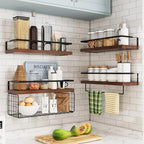 Bathroom Floating Shelves Wall Mounted - 4+1 Tier Rustic Wooden Bathroom Wall Shelves Over Toilet with Wire Storage Basket&To