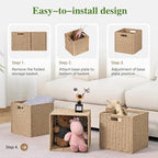 Woven Wicker Storage Baskets 4-Pack, 11x11 Handwoven Paper Rope Organizer Bins, Foldable Cube Storage Cubes with Built-in Han