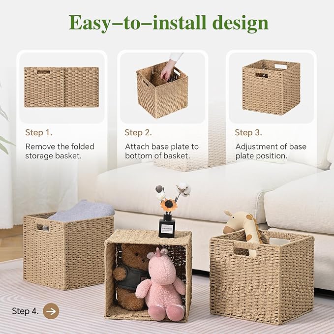 Woven Wicker Storage Baskets 4-Pack, 11x11 Handwoven Paper Rope Organizer Bins, Foldable Cube Storage Cubes with Built-in Han
