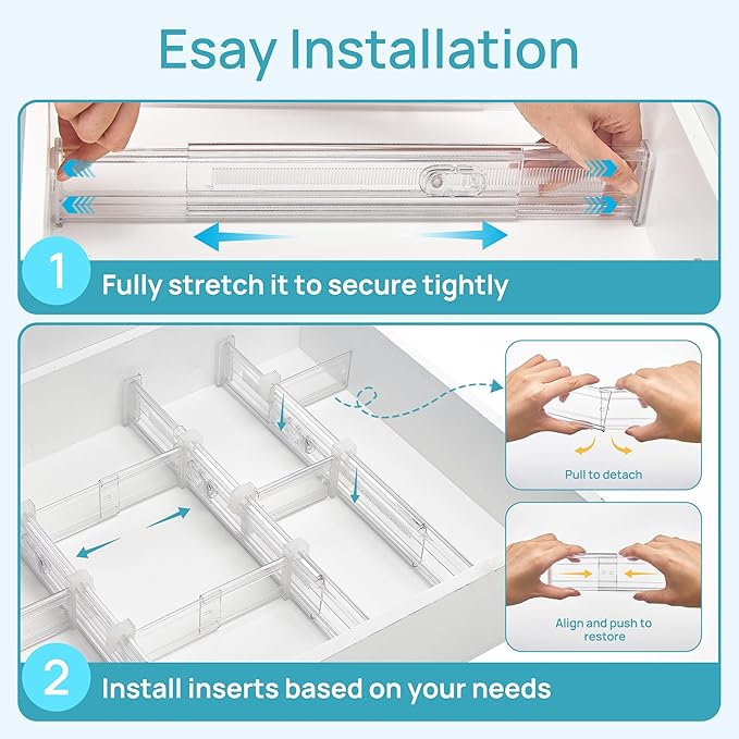 Vtopmart 2.36” Drawer Dividers with Expandable Inserts, 12.8"-22.3" Adjustable Kitchen Drawer Organizer, Clear Plastic Organi