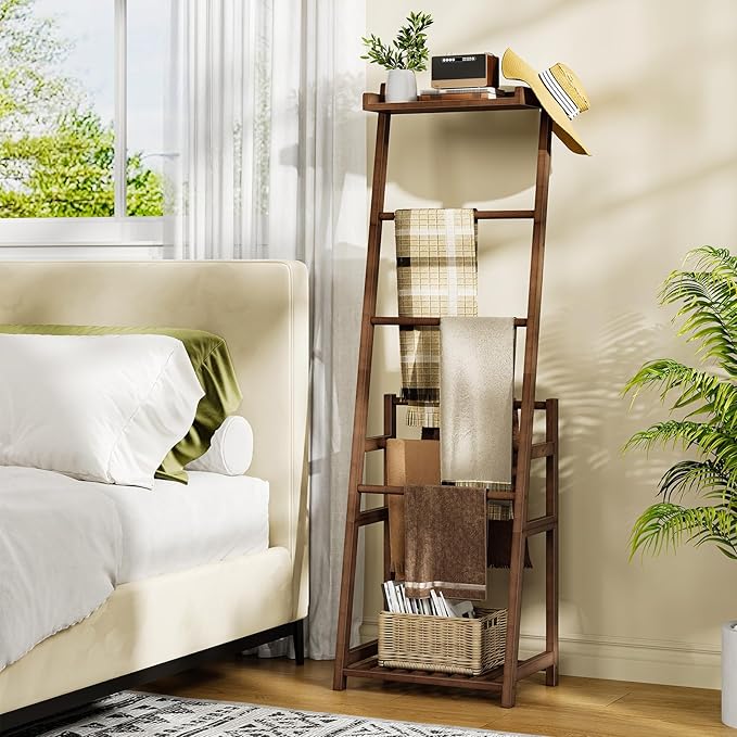 HOOBRO Blanket Ladder, 3-Tier Towel Rack, Bamboo Blanket Rack, Blanket Stand, Blanket Ladders for Bedroom, Quilt Ladder for L