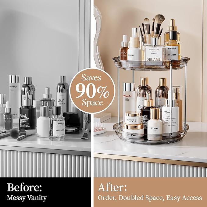 Delamu 2 Tier Rotating Makeup Organizer for Vanity, Skincare Organizer for Bathroom Counter, Spinning Perfume Organizer Cosme