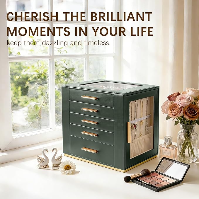 Homeanda Jewelry Box for Women with Glass Lid, 5 Drawers Jewelry Organizer and Storage for Necklaces, Rings, Earrings, Bracel