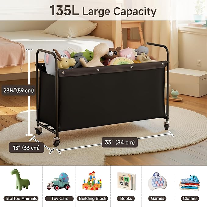 StorageWorks Toy Box with Wheels for Kids, 135L Large Toy Storage Chest and Organizer, 23" Metal Toybox with 360° Swivel Whee