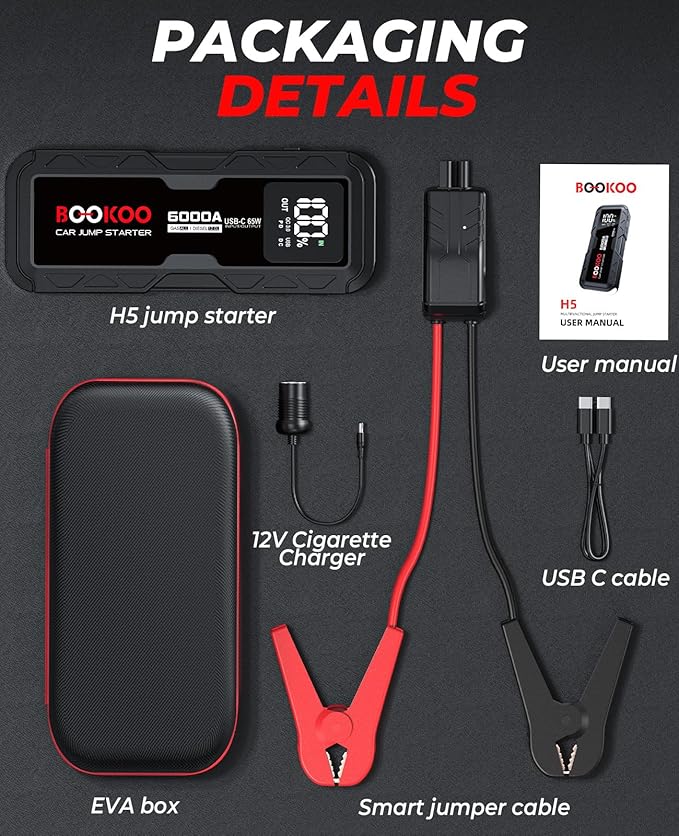 BOOKOO 6000A Jump Starter,12V Portable Car Battery Jump Starter (for All Gas and 12L Diesel Engines) 88.8Wh Jump Box with