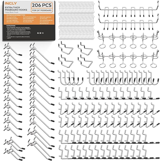 INCLY 1/4" Pegboard Hooks Set for Hanging, 206PCS Heavy Duty Peg Board Hooks & Hangers Only Fit 1/4 Inch Pegboard for Tools C
