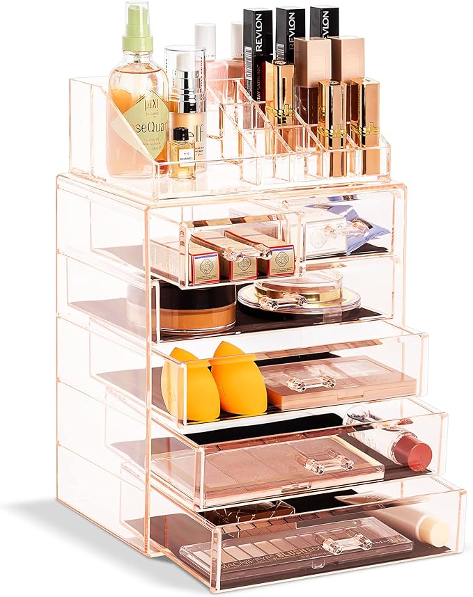 Sorbus Acrylic Makeup Organizer Set, 6-Drawer Vanity & Countertop Cosmetic Storage with Small & Wide Compartments, Pink Makeu