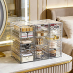 Prsildan Acrylic Drawer Organizer with 15 Drawers, Makeup Craft Office Desk Organizers Accessories, Set of 3 Clear Stackable 